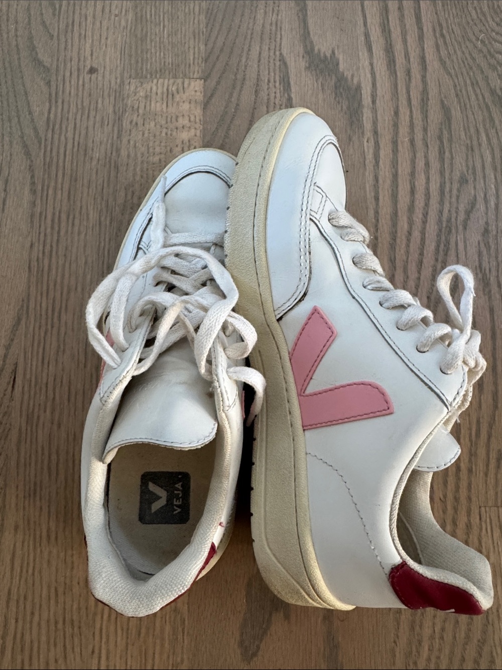 Veja Women’s White Leather Sneakers with Pink V Accent